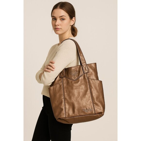 Vintage Nicole Richie Bronze Faux Leather Tote Bag Embossed Logo NWT - Picture 9 of 9